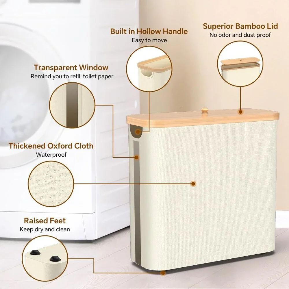 Toilet Paper Storage w/Bamboo Lid, 33.8L Foldable Toilet Paper Basket Organizer